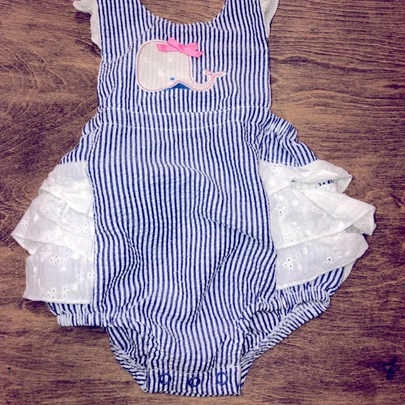 Nursery Rhymes Little Girl 6 Months Preppy Striped Whale Seersucker romper - Picture 2 of 6